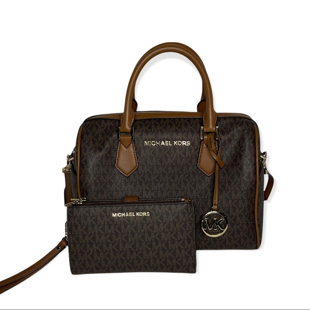 MICHAEL KORS Brown Signature MK Pattern Duffel Satchel & Double Zip Wallet